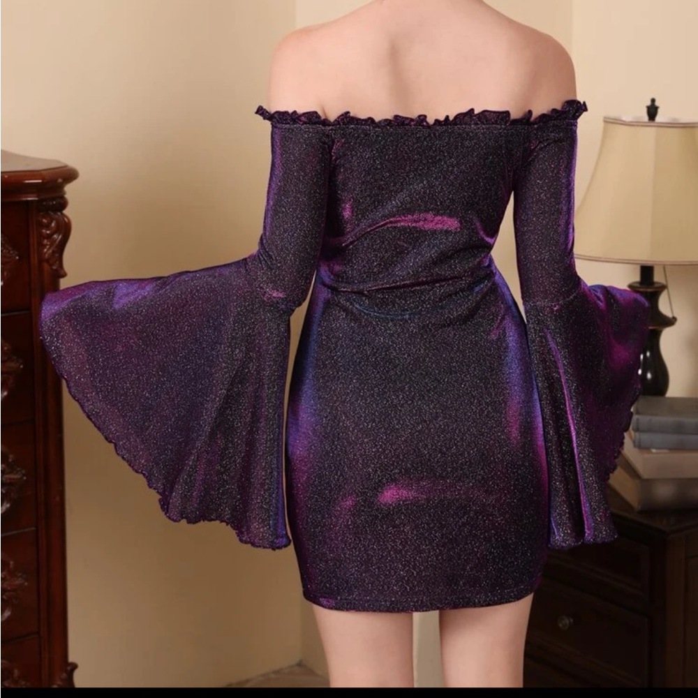 SHEIN MOD trumpet sleeve glitter Bardot dress, wine and purple, sz m, sold out